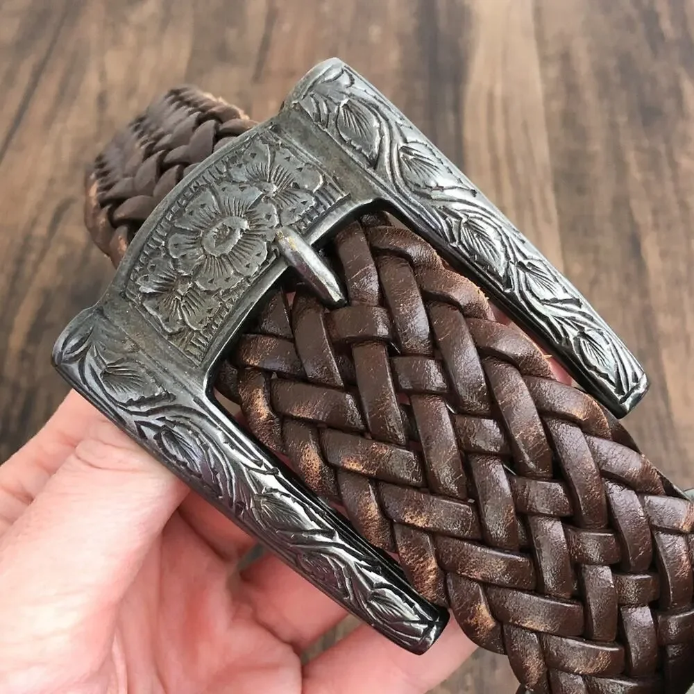 VTG Woven Leather Belt Floral Stamped Buckle Jennifer Graham Size Small Brown